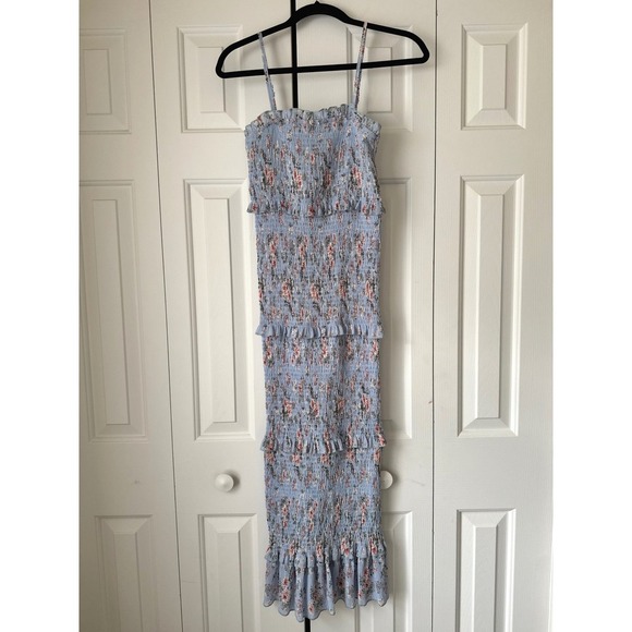 Vici Dresses & Skirts - Vici Dolls Blue Floral Smocked Tiered Ruffle Midi Dress Small MD2291A